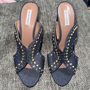 Tabitha Simmons Celia Studded Denim Slide Mule Sandals Brand Size 40 (US 9.5)